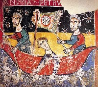 La barque de l’Église - fresque sur un mur de l’église de Sant Pere - Catalogne