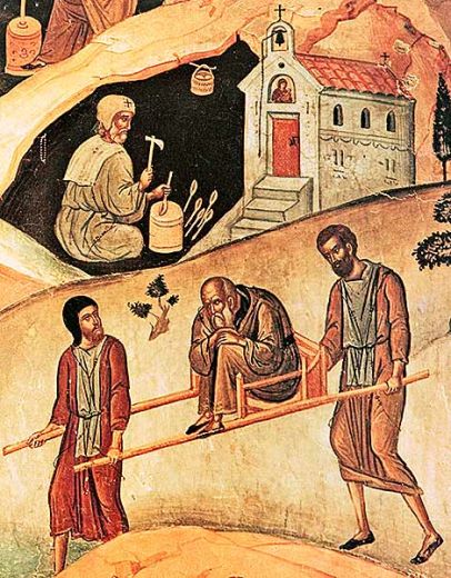 Particolare della DORMIZIONE DI SANT’EFREM IL SIRO, XIV secolo, affresco, Monastero di San Nicola, Meteore (Grecia)