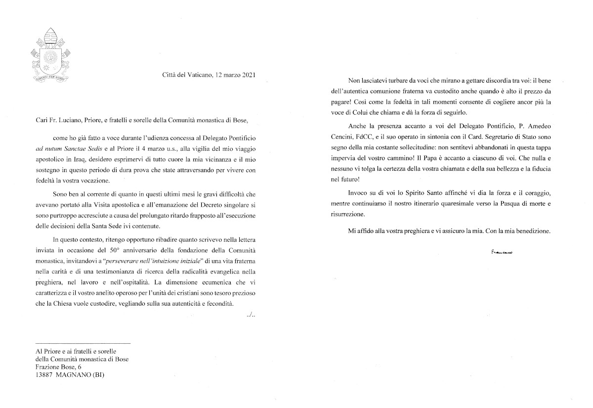 Carta del Papa a la Comunidad de Bose